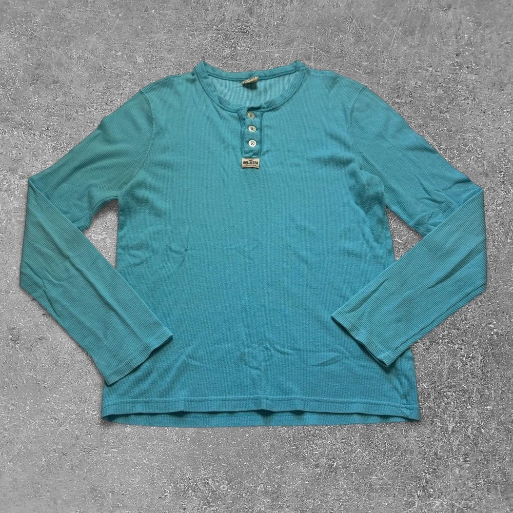 Hollister Co Mens Teal Blue Long Sleeve Henley Waffle Knit Shirt Size M Y2K